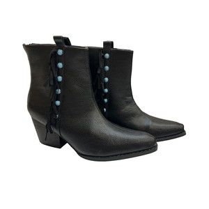 Crazy Train Bootie Boots Black With Fringe and Turquoise Studs Size 7